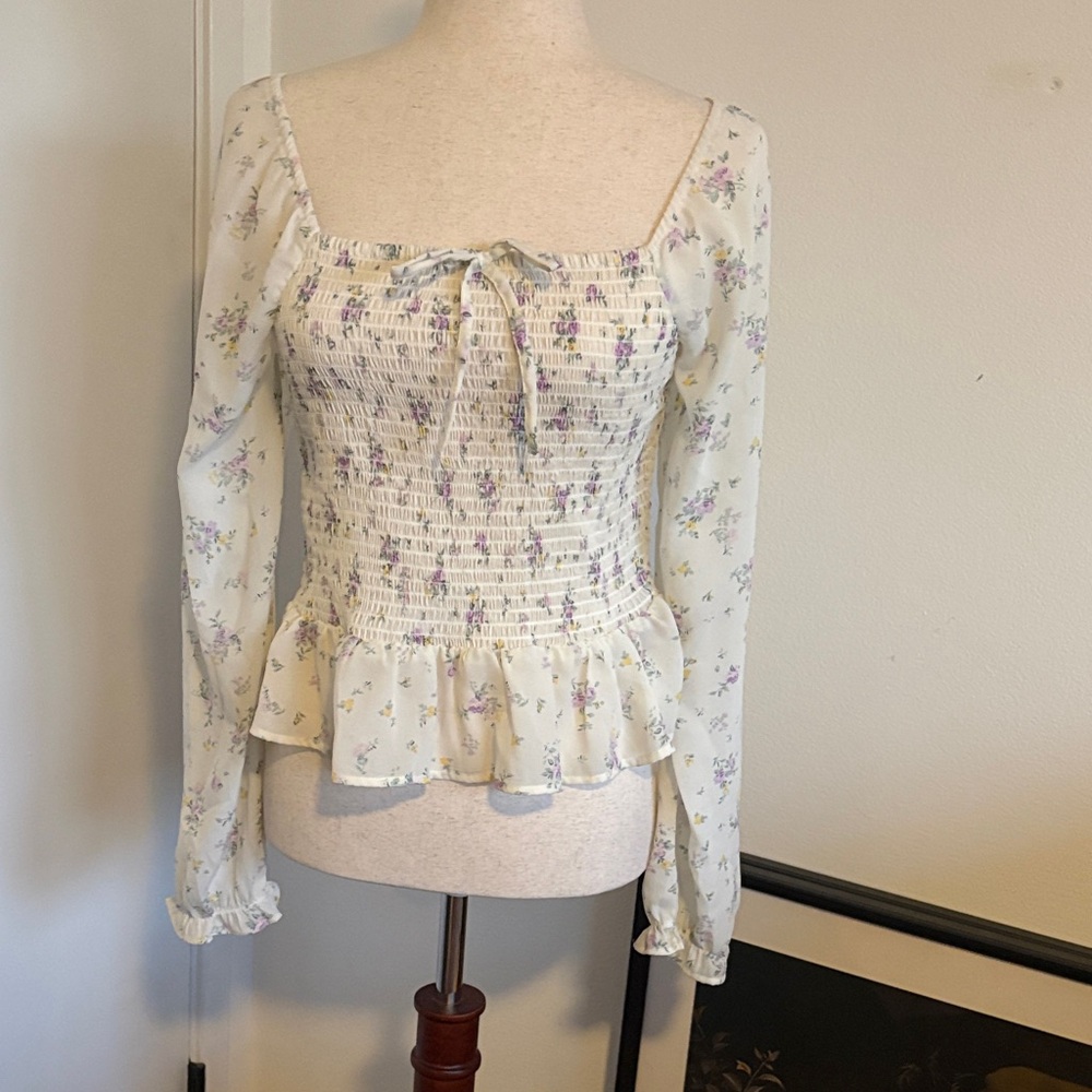 Calvin Klein Cream Floral Smocked Square-Neck Peplum Blouse